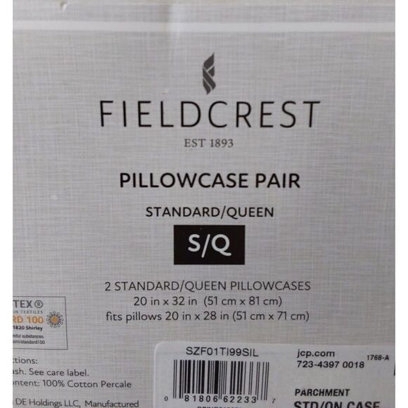 FIELDCREST White PARCHMENT Cotton Percale Standard Queen Pillowcases 2-Pk 300TC - Picture 7 of 8